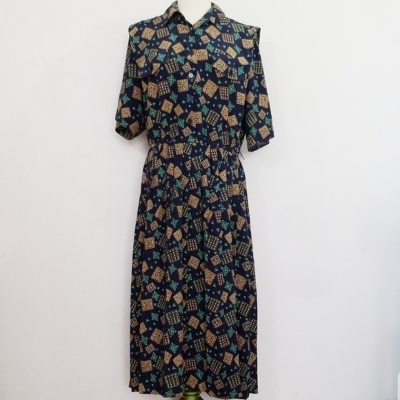 Leslie Fay Dresses & Skirts - Vtg Leslie Fay Blue Green Geometric Print Dress 12